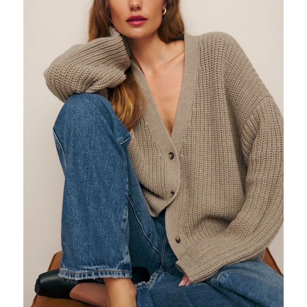 Reformation Maya Cashmere Organic Cotton Oversized Cardigan Taupe Brown M